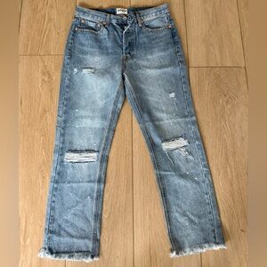 Umgee Blue Distressed Button Fly Denim Jeans Cropped Frayed Raw Hem LA Trendy 27